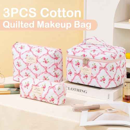 Makeup Bag for Women 3PCS Quilted Cotton Make Up Bag Travel Cosmetic Bag Large Makeup Bag Set Cute Bow Makeups Organizer Floral Toiletry Pouch for Purse, Pink