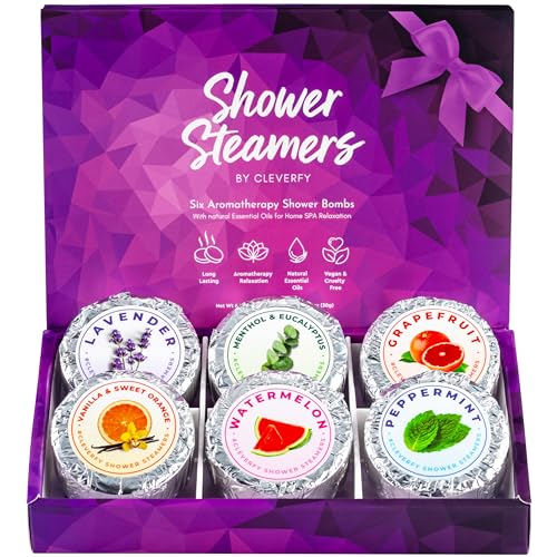 Cleverfy Shower Steamers Aromatherapy - Compact Variety Pack of 6 Shower Bombs with Essential Oils. Personal Care and Relaxation Birthday Gifts for Women and Men. Purple Set