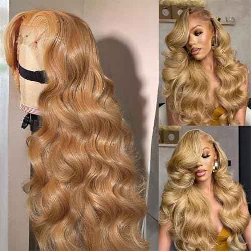 DEWELLY Honey Blonde Wig Human Hair 200% Density Body Wave 5x5 HD Lace Front Wig Human Hair Pre Plucked #27 Colored Body Wave Lace Closure Wigs for Women with Baby Hair 24 Inch