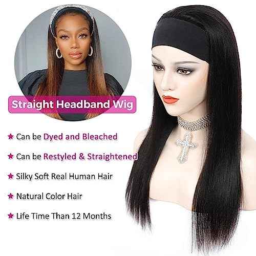TNICE Headband Wig Human Hair Straight 22 Inch Headband Wigs for Black Women Glueless None Lace Front Human Hair Wigs Brazilian Virgin Hair Machine Made Headband Wigs 150% Density Natural Color