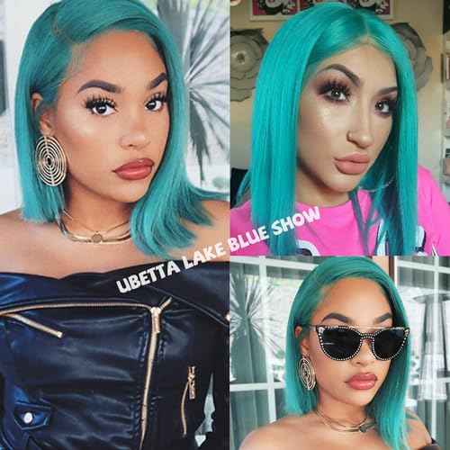 Ubetta Lake Blue Bob Wig Human Hair Lace Front Wigs 13x4 Glueless Lace Front Bob Wigs Human Hair Pre Plucked 8 Inch Colored Teal Blue Bob Wig for Black Women 180% Density