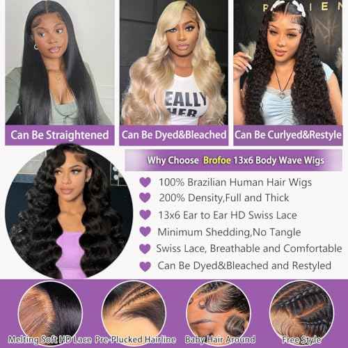 13x6 Lace Front Wigs Human Hair 200 Density Body Wave HD Lace Front Wigs Human Hair Pre Plucked Natural Color Glueless Wigs for Women 30 Inch
