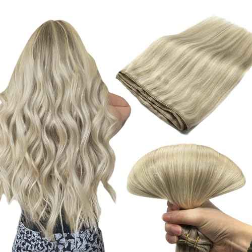 DOORES Sew in Hair Extensions Real Human Hair, Ash Blonde Highlighted Platinum Blonde 22 Inch 110g Full Head Long Straight Sew in Weft