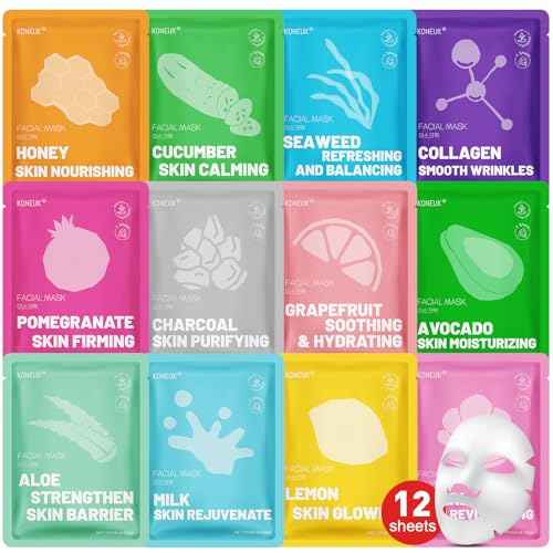 12 Pack Collagen Hydrating Face Masks Skincare, Sheet Face Mask for All Skin Types, Facial Masks Set for Women Skin Care, Face Mask Bulk Spa Gifts for Women