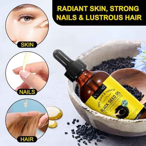 Black Seed Oil - 100% Virgin Cold Pressed Premium Black Seed Oil, Omega 3 6 9 Antioxidant, Immune Boost, Joints, Skin & Hair, Glass Bottle 2.02 fl oz