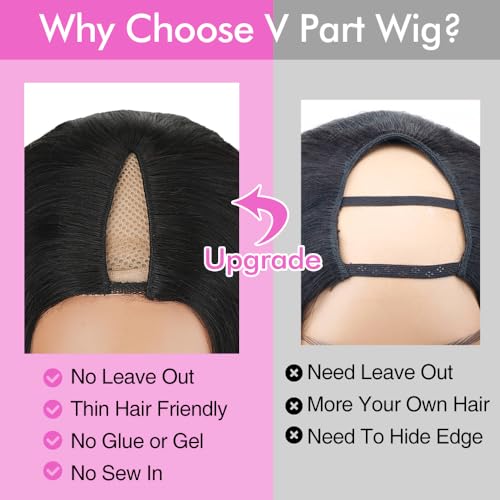 CHEETAHBEAUTY V Part Wigs Human Hair Straight V Shape Wigs for Black Women Upgrade U Part Wigs No Leave Out No Sew In No Glue Clip in Half Wigs 180% Density Natural Black 10Inch
