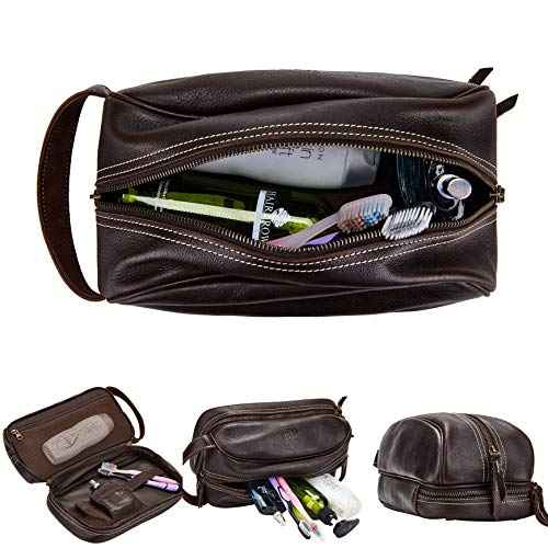 Travel Toiletry Organizer Dopp Kit Water-resistant Genuine Leather Shaving Bag for Toiletries Accessories For Men Women (Dark Brown)