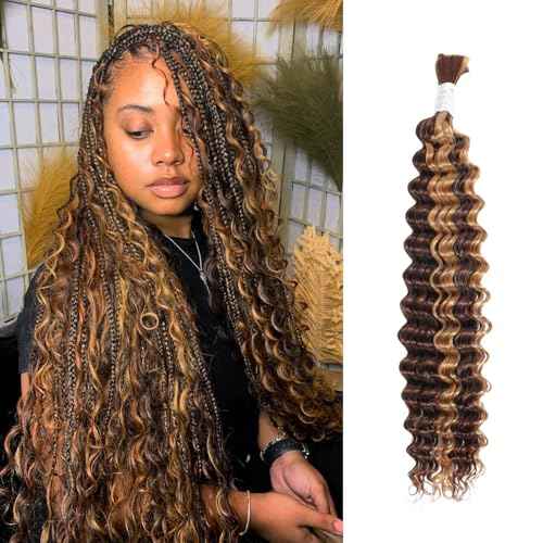 12A Braiding Hair Deep Wave Bulk Human Hair For Braids 22In 100g, 100% Virgin No Weft P4/27 Honey Blonde Highlight Ombre Bundles Curly Micro Braiding Hair For Boho Knotless Braids Thick Remy