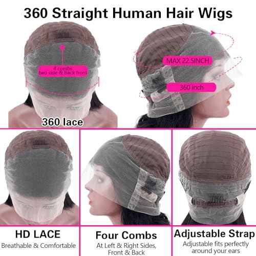 sdamey 360 Straight Lace Front Wigs Human Hair HD Transparant Full Lace Wigs For Women 200 Density Wigs Human Hair Pre Plucked With Baby Hair 12A Brazilian Virgin Hair Natural Color 22inch