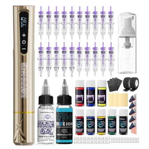 Wormhole Tattoo Gun 83pcs Tattoo Kit Complete Wireless Tattoo Pen Kit with Regular & UV Fluorescent Tattoo Ink Tattoo Supplies for Eyebrow Small Tattoos WTK384 New