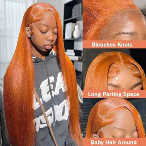 20 Inch Ginger Orange Lace Front Wigs Human Hair Pre Bleached 200% Density 13x6 HD Straight Lace Front Wigs Pre Plucked with baby Hair