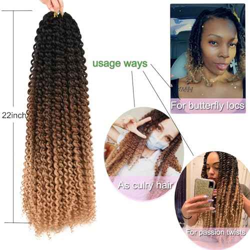 Passion Twist Hair 22 Inch Long Water Wave Ombre Passion Twist Crochet Hair For Women Curly Braiding Hair Long Spring Twist Hair Synthetic Hair Extension 7 Packs (22inch, Ombre brown blonde)