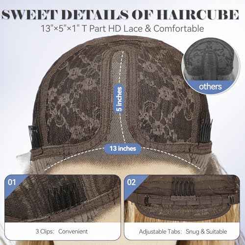 HAIRCUBE Human Hair Wig Lace Front Wig Glueless Wigs Layered Shoulder-Length HairWigs for Women, Ash Brown with White Bangs, Human Hair Blend, 13"¡¿5"¡¿1" HD Lace, 18 Inch Daily Use