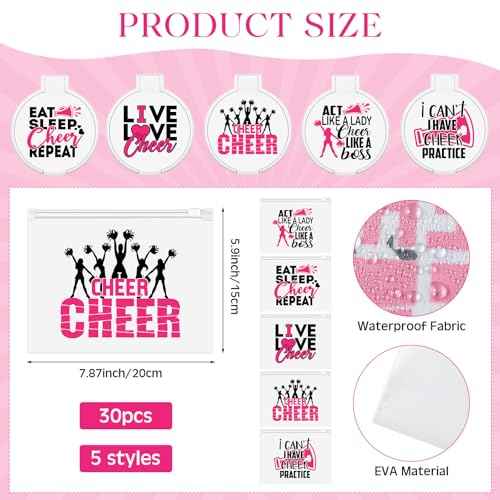 121 Pcs Cheerleader Gifts Kit 30 Zipper Portable Cheer Makeup Bag 30 Keychain Wristband Mirror 1 Bag Waterproof Cheer Stickers for Women Girls Cheerleader Teammates