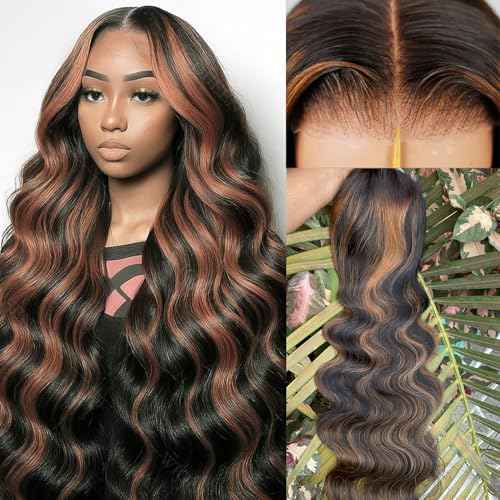28 Inch Highlight Ombre Lace Front Wig Wear and Go Glueless Wig 1B/30 Body Wave Lace Front Wigs Synthetic Blended Hair Pre Plucked with Baby Hair 220% Density