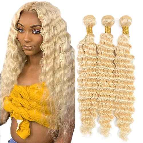 613 Blonde Bundles Deep Wave Bundles Human Hair 22 24 26 Inch Brazilian Virgin Hair Honey Blonde Deep Wave Bundles Human Hair Extensions 3 Bundle 50 Gram Per Bundle