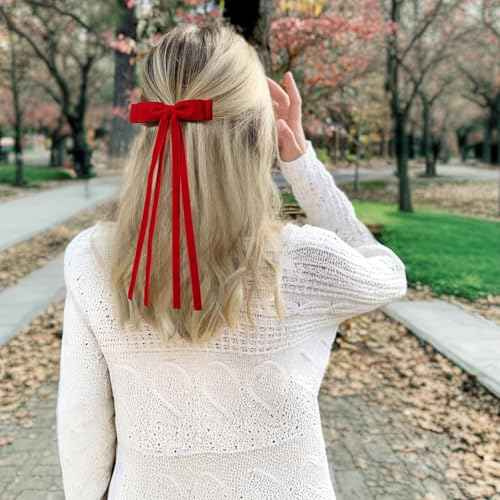 VOBOBE 2PCS Velvet Hair Bows for Women Girls, Tassel Ribbon Bowknot Hair Clips Barrettes for Girl with Small Long Tail Solid Hair Accessories (Red-Velvet)