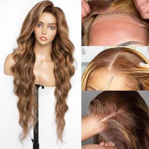 #4/27 Ombre Highlight Lace Front Wigs Human Hair Pre Cut 5X5 Glueless Honey Blonde Body Wave Wigs for Women Pre Plucked with Baby Hair Lace Closure wig 200% Density£¨22inch£©