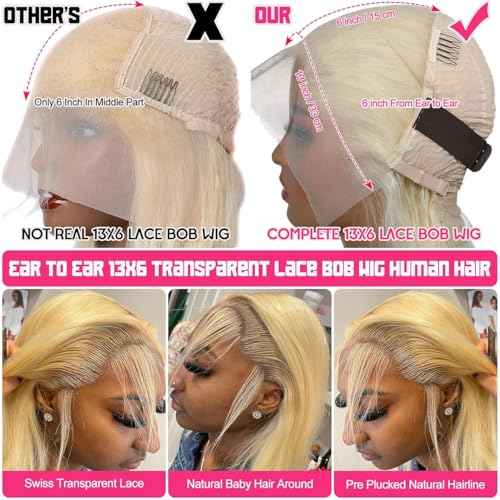 Honey Blonde Bob Wig Human Hair Full 13x6 HD Lace Frontal Glueless Wigs Pre Cut Pre Plucked 100% Unprocessed Brazilian Virgin Human Hair Wigs for Black Women - 180% Density 12 Inch 613 Bob Wig