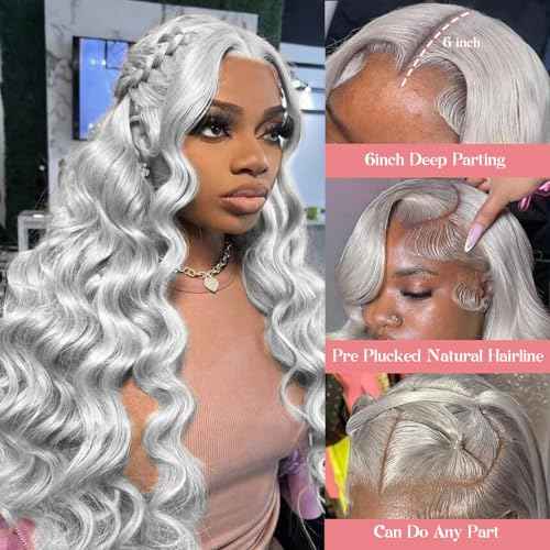 Munx 30 Inch Grey Lace Front Wig Human Hair HD Transparent Lace Frontal Wig for Women 180% Density Pre Plucked Glueless Silver Grey Body Wave Wigs with Baby Hair