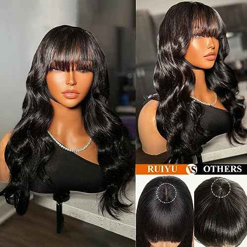 Ruiyu Body Wave 2x4 Lace Front Wigs Human Hair Wigs with Bangs for Black Women Wear and Go Glueless Wig with Bangs 180% Density Closure 100% Brazilian Virgin Human Hair 18 Inch
