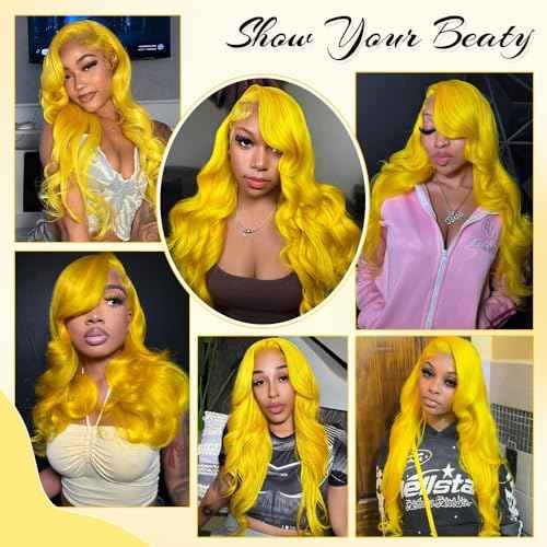 Yellow Wig Human Hair 200 Density Yellow Lace Front Wig Human Hair Body Wave Lace Front Wigs Human Hair Pre Plucked 13x4 HD Lace Frontal Wig Glueless Wigs 24 Inch