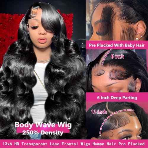 sdamey 26 Inch 13x6 Lace Front Wigs Human Hair 250% Density HD Body Wave Lace Front Wigs Human Hair Pre Plucked Wigs Human Hair for Women Gluless Wigs with Baby Hair #1 Jet Black