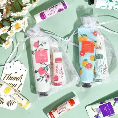 AZEN 24 Sets Bulk Gifts, Hand Cream and Lip Balm Bulk Set with Organza Bag Thank You Card, Baby Shower Wedding Gifts for Guests, Bridal Wedding Favors for Guests, Thank You Gifts for Women