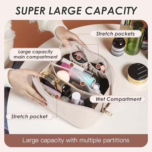 GOLF QUALITY Makeup Bag,White PU Large Travel Cosmetic Bag Pouch with Zipper,Water-resistent Cute Toiletry Bag with compartments Open Flat Make Up Organizer Case for Toiletries, Brushes