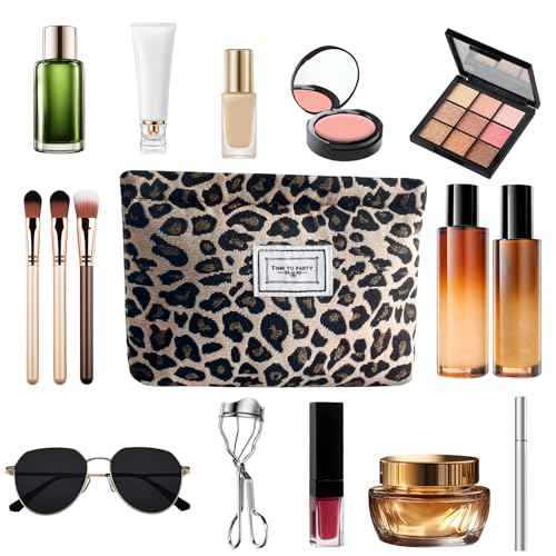 ZLFSRQ Leopard Makeup Bag Cute Cosmetic Bags for Women Cheetah Makeup Bag Canvas Large Capacity Travel Toiletry Bags Aesthetic Cosmetic Pouch for Purse Portable Zipper Skincare Storage Organizer