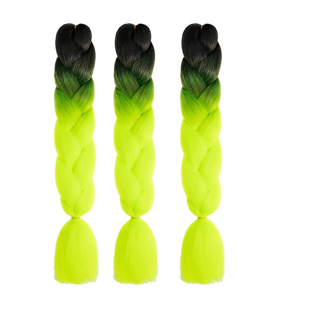 Xiaofeng Braiding Hair Extensions for Women 3 Packs 100g/Pack 24Inch High Temperature Ombre Jumbo Synthetic Braiding Hair for Twist Crochet Braids (24 Inch (Pack of 3), black-yellow green-3Pcs)