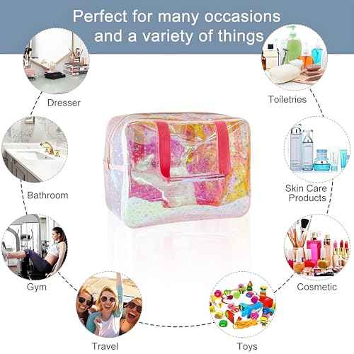 TPU Holographic Clear Star Large Cosmetic Bag and Travel Pouch with Handle,Durable TPU Material,Zipper Design-Ideal for Makeup,Travel Essentials (Holographic pink)
