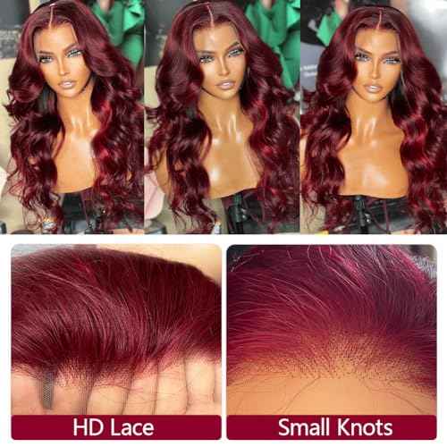 99J Burgundy Lace Front Wigs Human Hair 24 Inch 13x4 HD Wine Red Colored Body Wave Wig for Women 200% Density Transparent Glueless Wine Red Wigs Human Hair Pre Plucked with Baby Hair