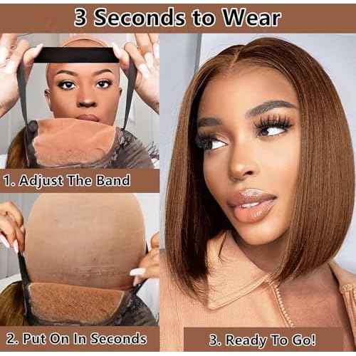 Chocolate Brown Bob Wig Human Hair Wear and Go Glueless Wigs Pre Plucked Pre Cut 4x4 Lace Closure Glueless Short Straight Bob Wigs for black women Human Hair 14 inch