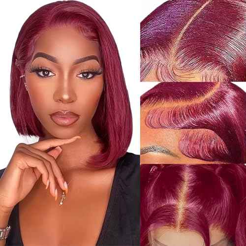 99j Burgundy Bob Wig Human Hair 13x4 Lace Front Wigs 12 Inch Short Straight Wine Red Bob Wig Pre Plucked 180% Density Natural Hairline Wigs for Black Women