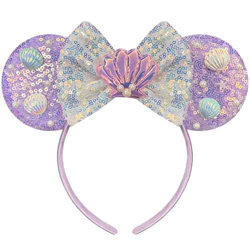 Trnerm Mermaid Mouse Ears Headband, Sequin Park Ears with Bows, Mermaid Birthday Party Supplies