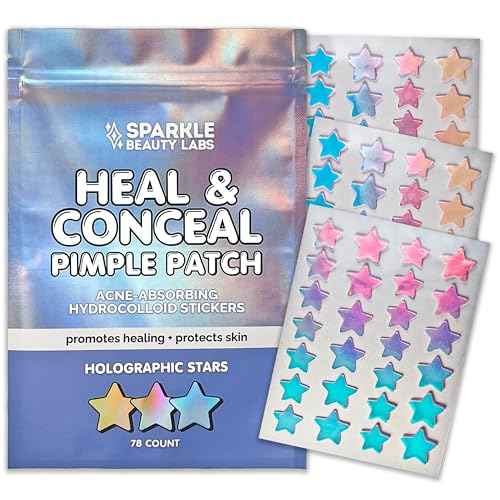 Heal & Conceal Pimple Patch - Cute Holographic Star Shaped Acne Patches, Fun Hydrocolloid Zit Stickers for Face (Iridescent Stars, 78 Count)