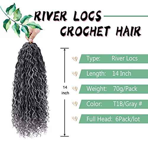 LIYATE Goddess Locs Crochet Hair 14 Inch 6 Packs Faux Locs Crochet Hair for Black Women Pre Looped Soft River Locs Crochet Braids with Curly Hair Bohemian Hippie Locs Hair Extensions(T1B/Gray)