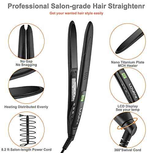 LOVANI Titanium Flat Iron, 450F High Heat Hair Straightener with Digital LCD, Dual Voltage, Auto Shut Off, Heat Resistant Bag, Glove and 2 Hair Clips (7 Piece Set), Black