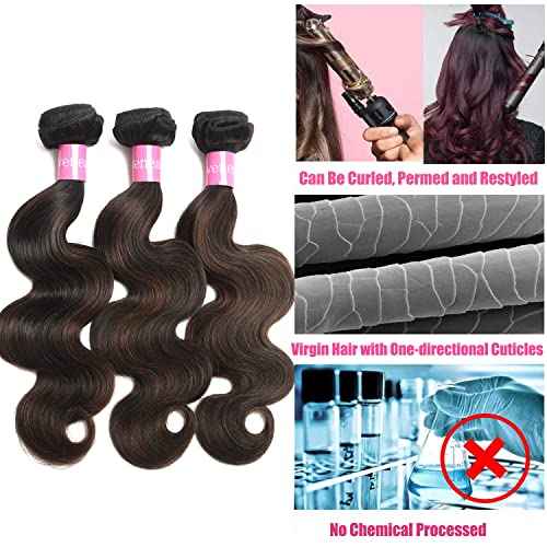 Body Wave Virgin Human Hair 3 Bundles Highlight Brown 14-18 inch 10A Brazilian Human Hair Extensions Ombre Color Body Wavy Human Hair Weave F1B/30 Color (FB30, 14 16 18)