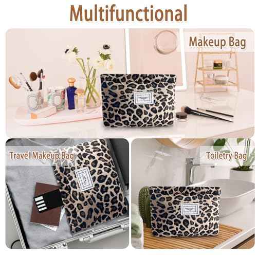 ZLFSRQ Leopard Makeup Bag Cute Cosmetic Bags for Women Cheetah Makeup Bag Canvas Large Capacity Travel Toiletry Bags Aesthetic Cosmetic Pouch for Purse Portable Zipper Skincare Storage Organizer