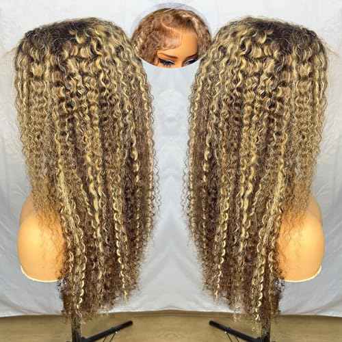200 Density Honey Blonde Wig Human Hair 13x6 Deep Wave HD Transparent Lace Front Wigs Human Hair Pre Plucked 4/27 Highlight Ombre Jerry Curly Wet And Wavy 100% Human Hair Wigs For Black Women 28 inch
