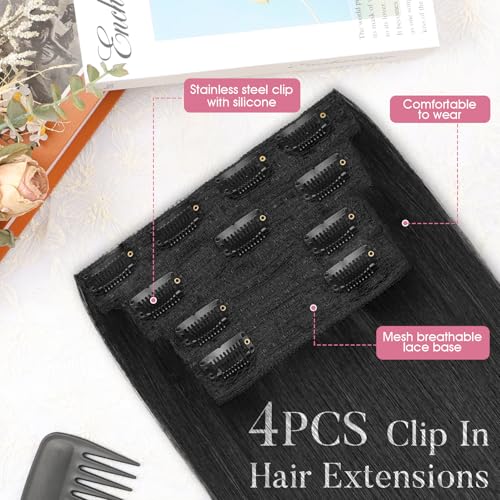 Clip in Synthetic Hair Extensions Black Long Straight 4PCS Thick Hairpiecesx Fiber Double Weft Natural Hair Extensions 22 Inch for Women