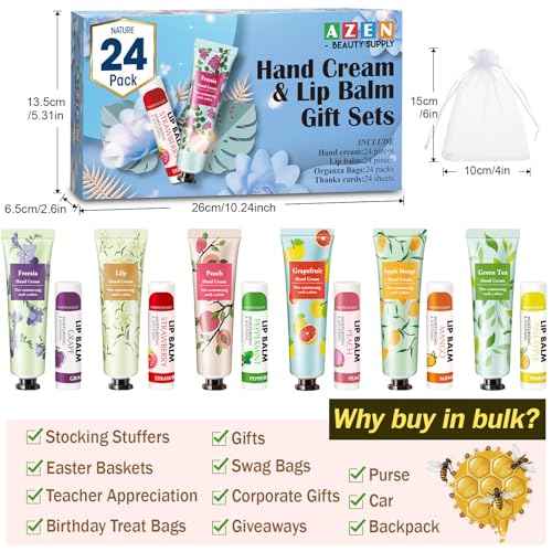 AZEN 24 Sets Bulk Gifts, Hand Cream and Lip Balm Bulk Set with Organza Bag Thank You Card, Baby Shower Wedding Gifts for Guests, Bridal Wedding Favors for Guests, Thank You Gifts for Women