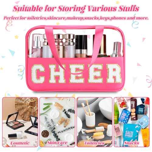 Chenille Letter Patch Clear Travel Bags, Preppy PVC&Nylon Makeup Bag with Handle and Zipper, Waterproof Large Clear Travel Toiletry Bag Storage Bag for Women Girls