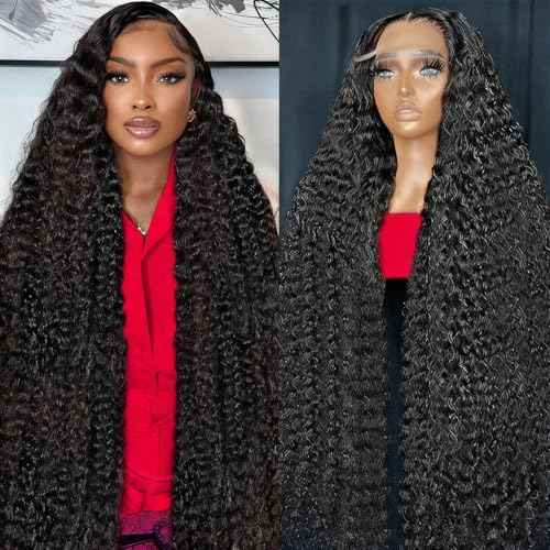 13x6 Deep Wave Lace Front Wigs Human Hair 200 Density 24 Inch Curly Wig 13x6 HD Lace Front Wigs Human Hair Glueless Wigs Human Hair Pre Plucked for Black Women Natural Color