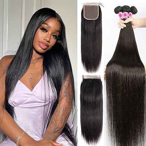 Straight Bundles with Closure (18 20 22+16 Inch) 100% Unprocessed Brazilian Remy Hair Weave 3 Bundles with 4x4 HD Lace Closure Free Part Natural Black Color Hair Extensions for Women