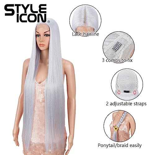 Style Icon 38" Silver Grey Wig Super Long Straight Wigs 6" Deeper Middle Part Lace Lace Front Wigs Silver Grey Long Straight Wig (38", THISTLE)