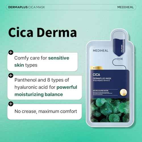 Mediheal Dermaplus Cica Mask (10 Counts) - Daily Vegan Mask for Calming Skin with Panthenol & Hyaluron, Korean Self Skin Care Sheet Mask