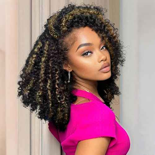 250% Density Kinky Curly Half Wig Human Hair Update 3 In 1 Seamless Flip Over Wigs Human Hair Wear and Go Glueless Wig Beginner Friendly Drawstring Wig for Black Women 16 Inch